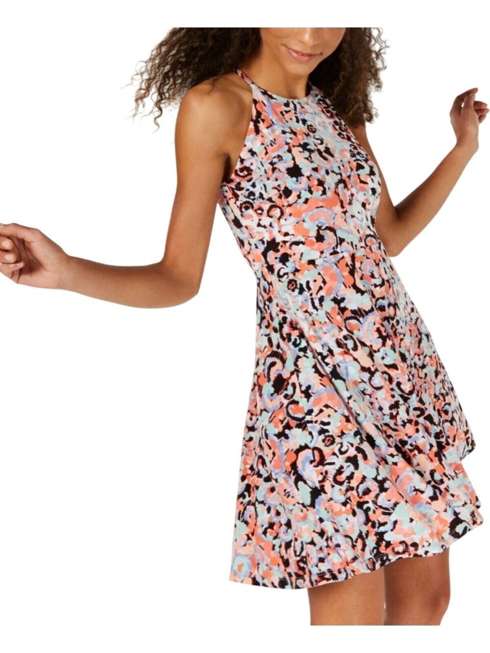Bar III Floral Sleeveless Fit & Flare Dress Multicolor Sz XS Halter Neck Swing - Picture 2 of 11